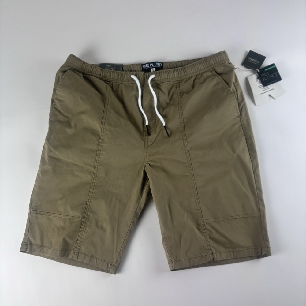 Free Planet Organic Cotton Stretch Shorts Mens XL Khaki Elastic Waist NWT